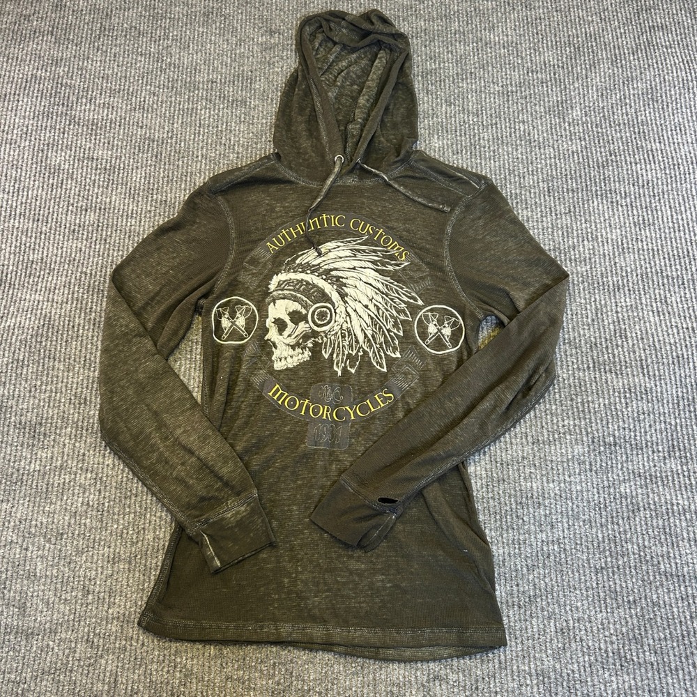 Helix Mens Small Olive Green Graphic Thermal Hoodie Skull Biker Moto Waffle Knit